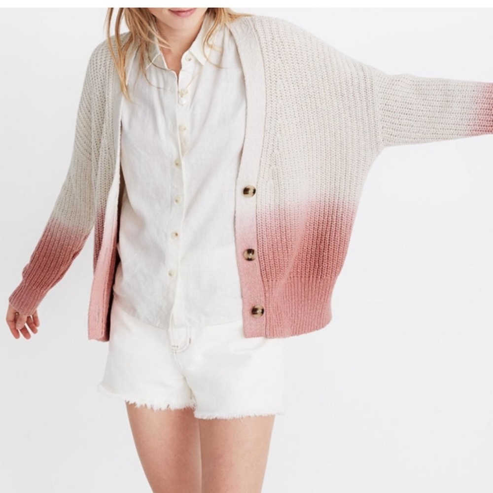 Madewell Cardigan Hand Dip Dyed Cotton Cropped RARE SOLD OUT Ivory/Pale Pink LG